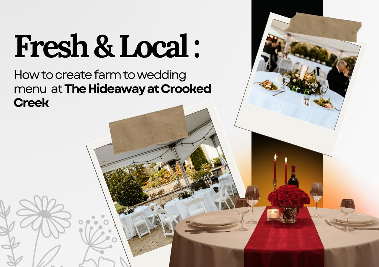 Outdoor wedding reception setup at The Hideaway at Crooked Creek in Whitsett NC, showing white-draped dining tables under a tent with string lights, a candlelit table setting with red roses and wine glasses, and guests seated at a farm-to-table wedding dinner